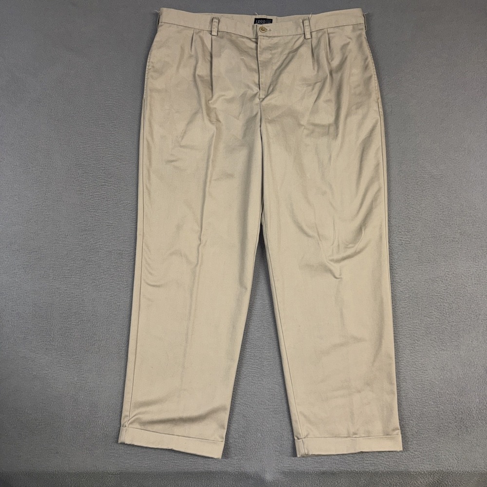 Izod Pants Mens 42x32 Brown Classic Pleated Cuffed Cotton Twill American Chino